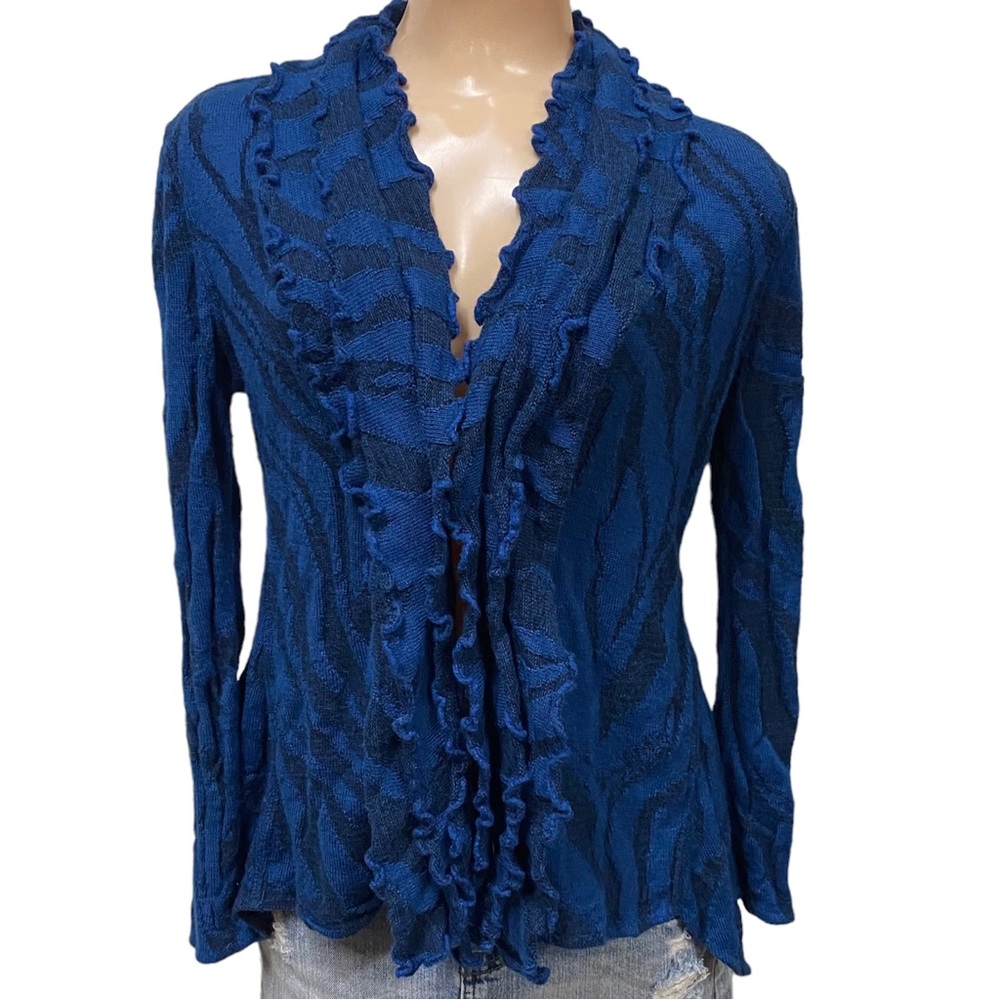 Peruvian Link‎ Medium ? Ruffle Alpaca Cardigan Blue Black Long Sleeve Knit Top